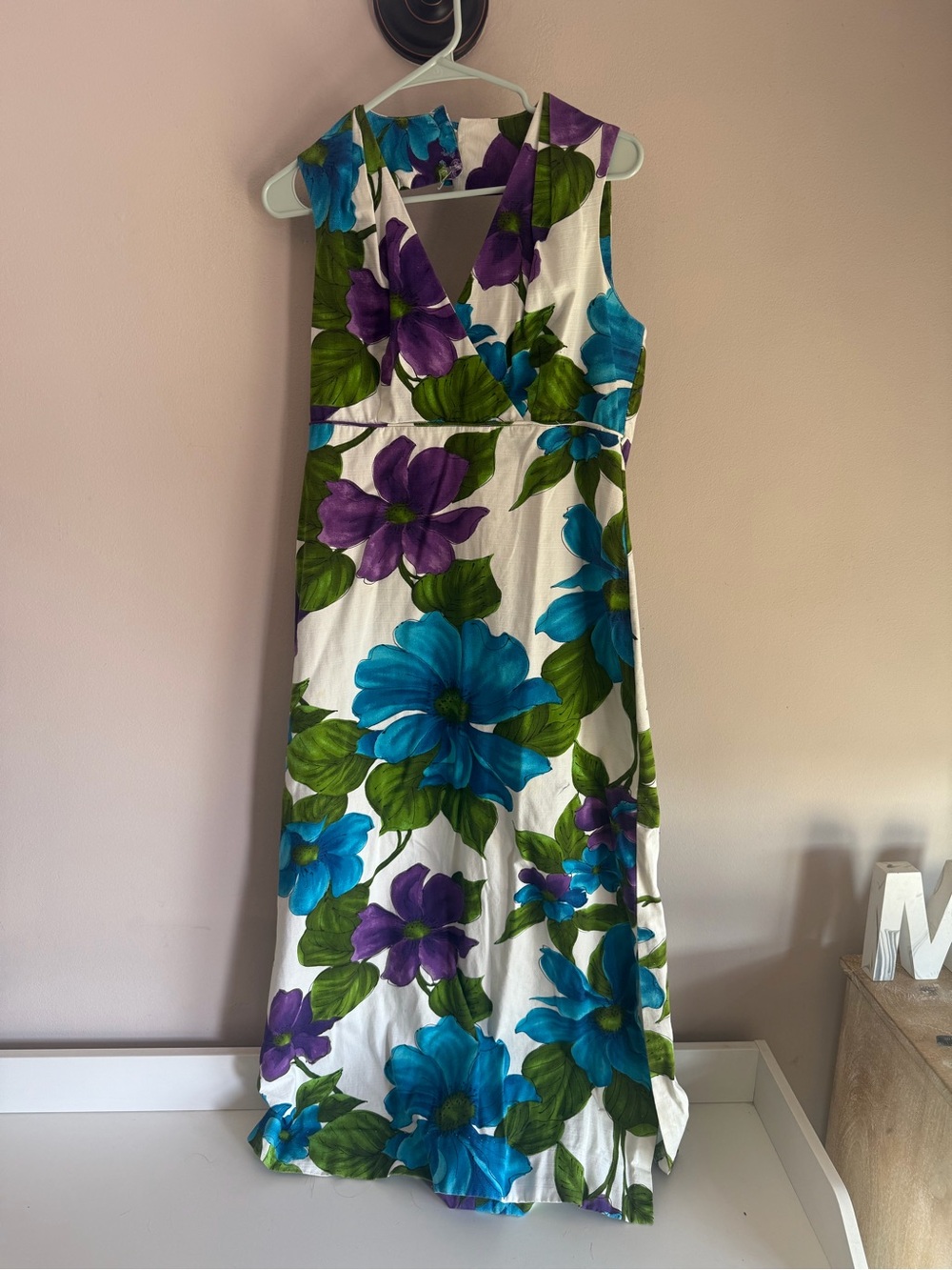 Vintage 60s 70s Darina Honolulu Hawaiian Barkcloth Floral Maxi Dress Sz S